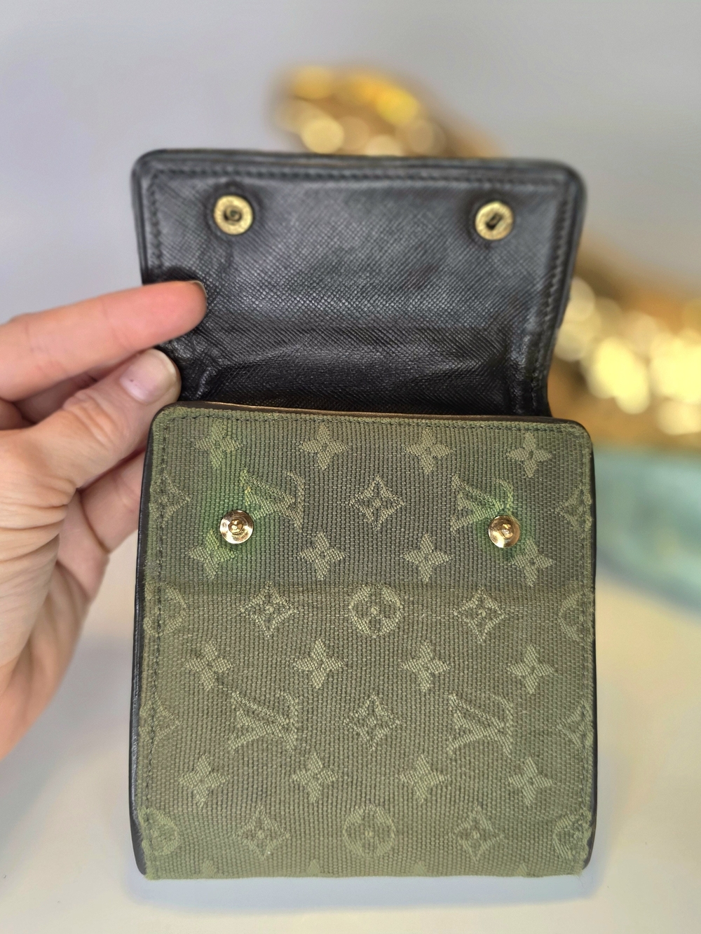 Louis Vuitton Green Mini Lin Denim Compact Fold Wallet W/ Chain ✨️ - Picture 3 of 9